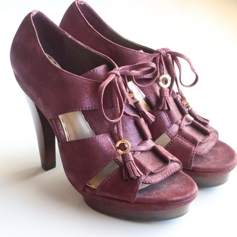 Coach Plum Tassel Lace-Up Peep Toe Heels